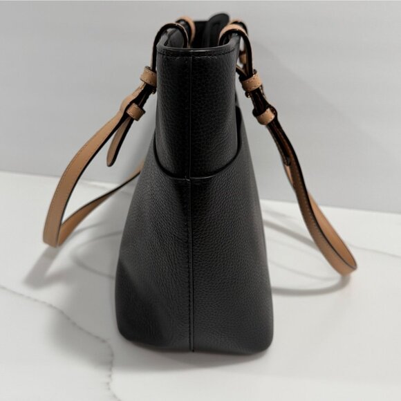 Michael Kors Bedford Medium Pebbled Leather Pocket Tote Handbag Black Tan Straps - Picture 6 of 12